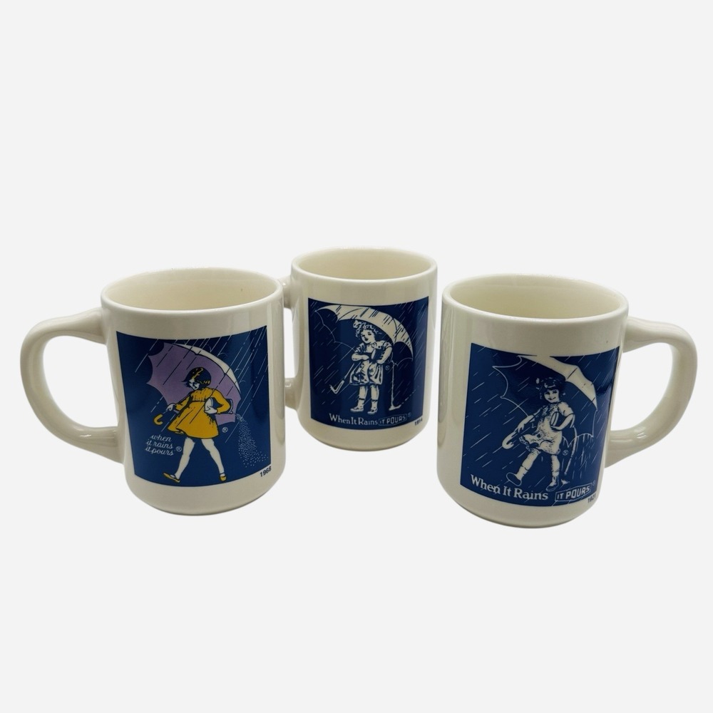 VTG Morton Salt Girl Ceramic Coffee Cup Mug Lot Of 3 When It Rains It Pours